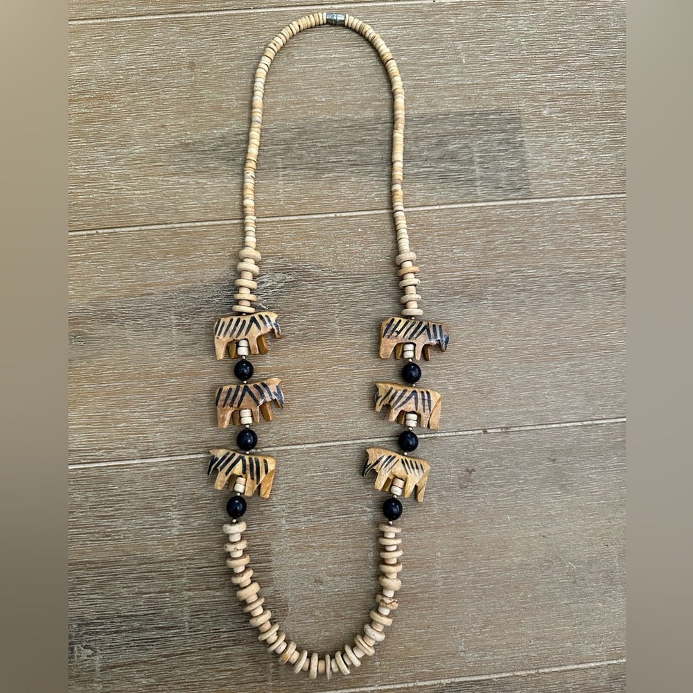 Vintage Handcrafted African Zebra Wooden Beaded Necklace